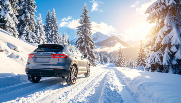 sleek crossover car driving safely through a snowy mountain pass  pine trees covere