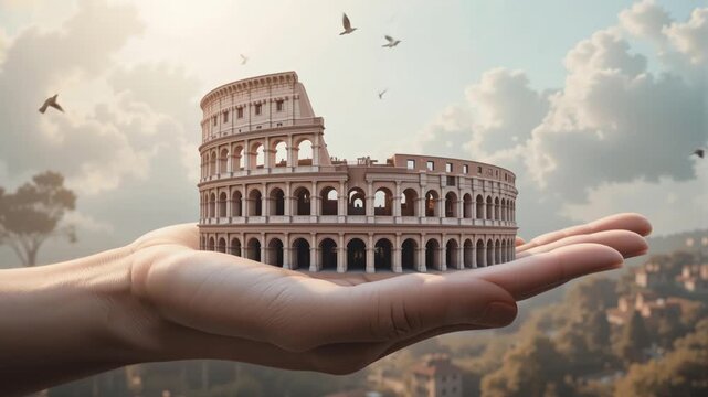 Human hand holding a miniature Colosseum in Rome, travel and tourism conceptual metaphor, artistic CGI.