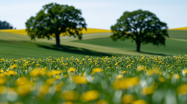 Bl&uuml;hende Fr&uuml;hlingswiese mit gelben Blumen und zwei B&auml;umen unter strahlend blauem Himmel
