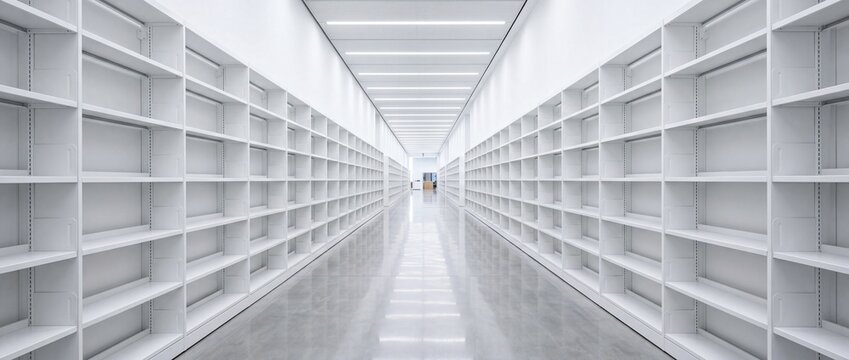 Symmetrical view of endless rows empty white bookshelves in modern bright minimalist library or warehouse storage space