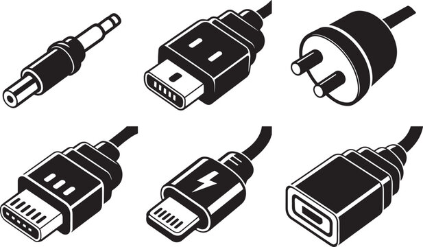 USB cable adapter plug. various types of electrical connectors. audio jack and type c.