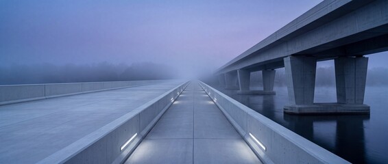 Obraz premium A serene, symmetrical view of a concrete bridge and pedestrian walkway extending over calm water in dense morning fog