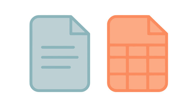 Set of digital document icons featuring a blue text file and an orange spreadsheet for office data management