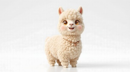 Fototapeta premium Cute 3D alpaca cartoon character standing with fluffy cream wool, sparkling eyes and happy smile isolated on white background.