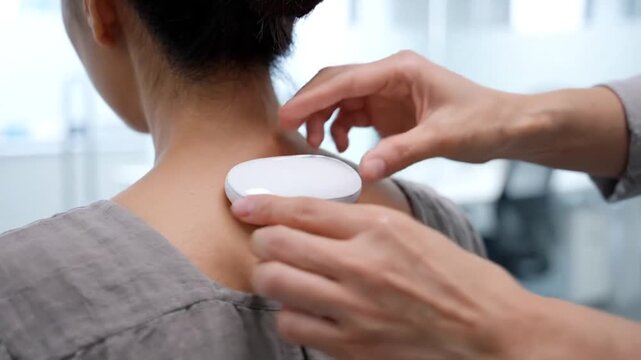 A woman's hands attaching a small white wearable device to another woman's upper back, in an office setting
