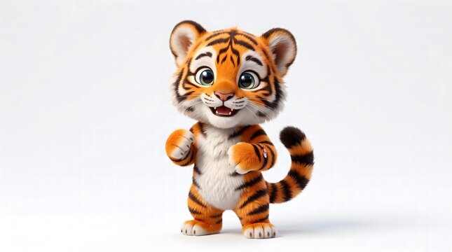 Cute 3D tiger cub cartoon character standing upright with bright orange fur, black stripes and big eyes isolated on white background.