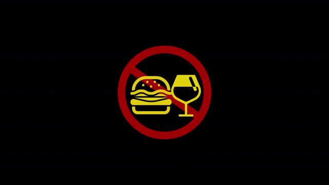 Fast food and wine and beverage restriction symbol for public transport and retail.,No food or wine prohibited sign icon animation.No junk food allowed isolated on transparent background .4k video .