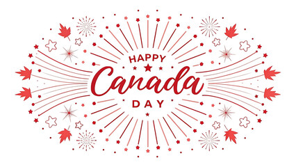 Happy Canada Day greeting with red fireworks and maple leaves on a white background