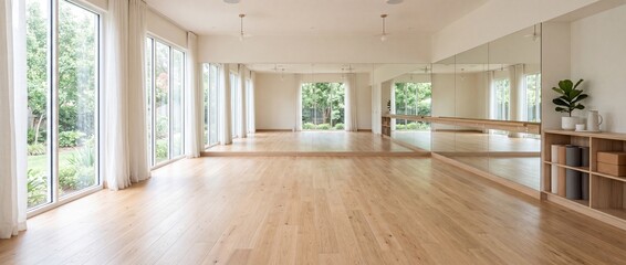 Fototapeta premium Bright airy yoga studio interior with floor to ceiling mirrors wooden flooring white curtains and pilates equipment shelves