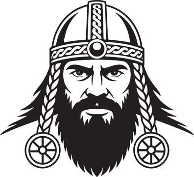 Viking warrior chieftain head with ornate helmet and braided hair beard nordic mythology character.