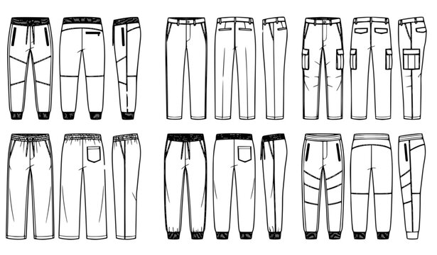 Flat Black Artline Vector Set of Men and Boys Joggers Trousers Technical Clothing Designs