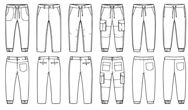 Men and Boys Joggers and Trousers Flat Black Artline Vector Technical Fashion Template Set
