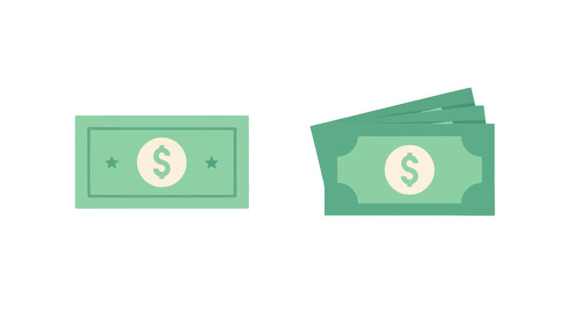 Green currency banknotes illustration showing a single bill and a stack of money with dollar signs for financial concepts