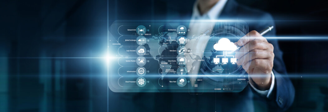 IT architect manages server infrastructure on a virtual screen. Scaling cloud computing resources to balance global traffic loads, ensuring high availability and seamless platform performance now.