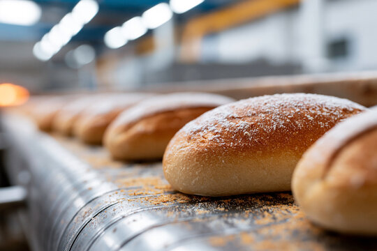 Golden loaves roll along a cooling conveyor belt. Sugar-dusted crusts gleam under bright industrial lights. Factory setting suggests fresh bread just finished baking. Perfect for food packaging