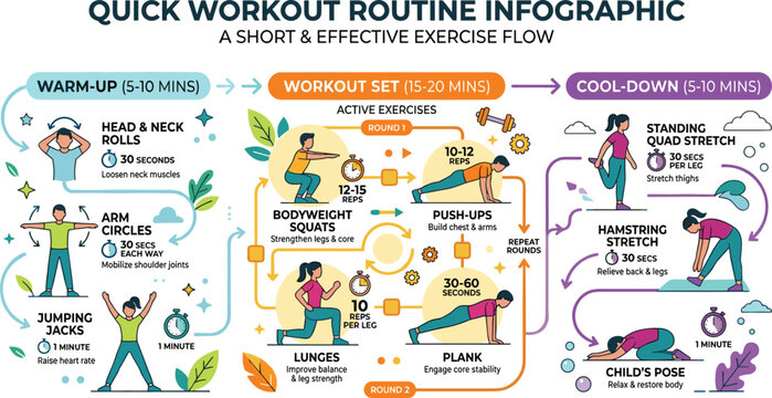 Quick workout routine infographic chart displaying a short effective exercise flow template for fitness training corporate wellness and health coaching presentation