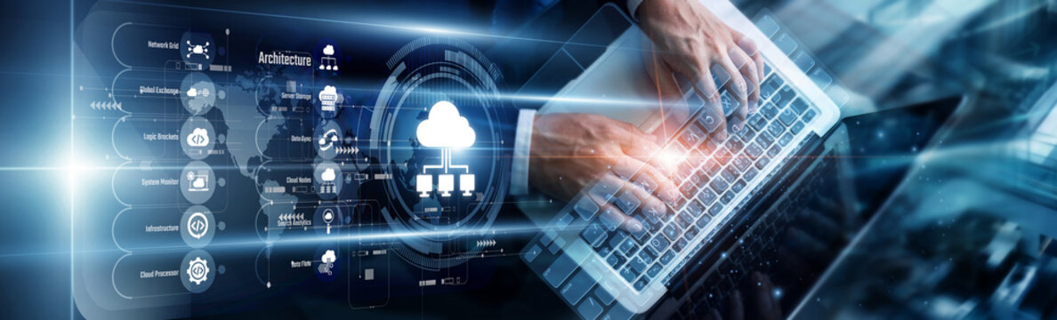 Engineer using a laptop to analyze cloud computing infrastructure performance. This development scales enterprise resources effectively, enabling flexible and cost-efficient remote operations.