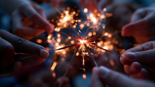 Mehrere H&auml;nde halten leuchtende Wunderkerzen nah zusammen in dunkler Abendsituation