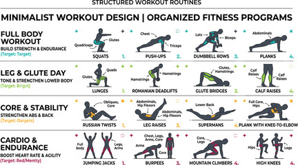 Structured workout routines infographic design showing minimalist organized fitness programs schedule for gym tracking and training planner application templates © AdhinChandra