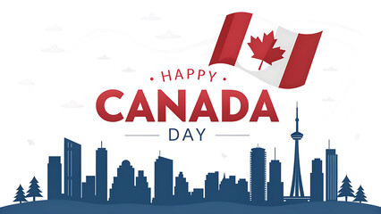 Fototapeta premium Happy Canada Day celebration background with Canadian flags and Toronto city skyline silhouette, vector illustration