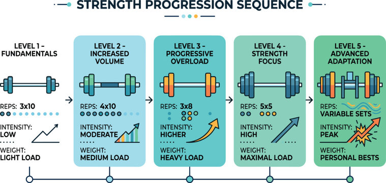 Strength progression sequence infographic illustration showing weightlifting level steps for fitness training programming bodybuilding coach guides and workout app design