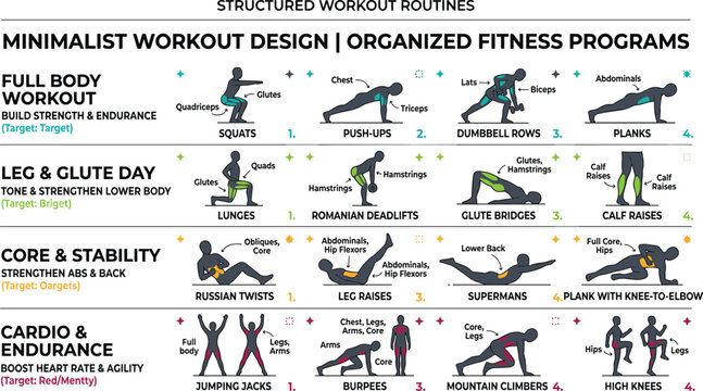 Structured workout routines infographic design showing minimalist organized fitness programs schedule for gym tracking and training planner application templates