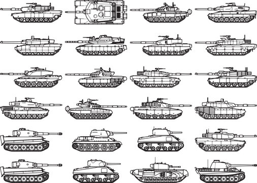 A collection of detailed line drawings showcases various military tanks from different eras and designs, offering a comprehensive visual history of armored warfare.