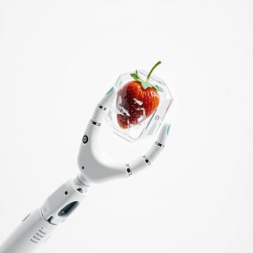 Robotic hand gently holds strawberry encased within transparent ice cube. Minimalist studio shot, clean background, futuristic concept.