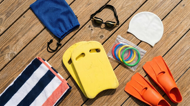 Flat-Lay Arrangement of Swimming Gear and Pool Accessories on Teak Deck Boards