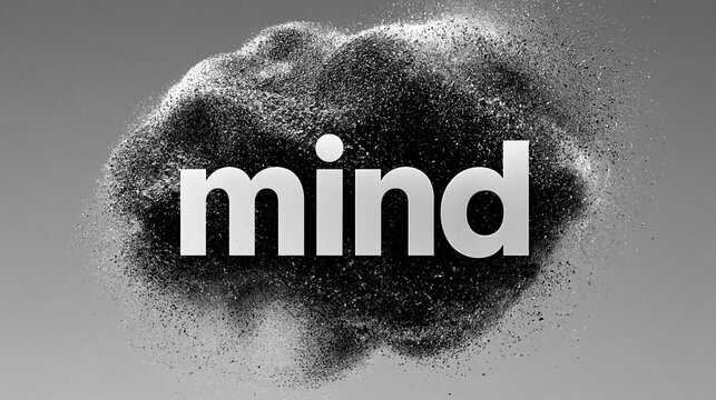 Schwarze Partikelwolke explodiert um wei&szlig;en Schriftzug "mind" auf grauem Grund
