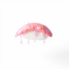 Fototapeta premium Pink sushi piece, polygonal style. Rice base with fish topping, dripping sauce. Minimalist, clean background. Bright, playful presentation.