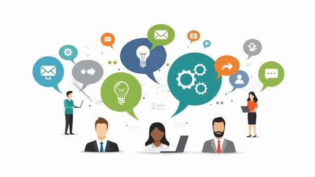 Business people communicating and collaborating with speech bubbles.