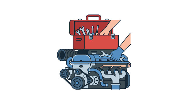 Mechanic repairing car engine with tools, auto service concept