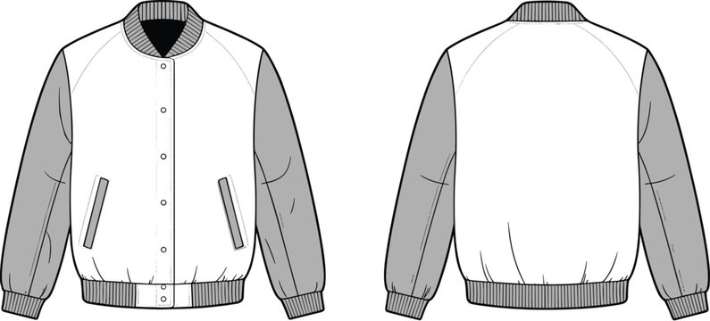 Blank bomber varsity jacket vector template showing front and back views for high school apparel design mockup