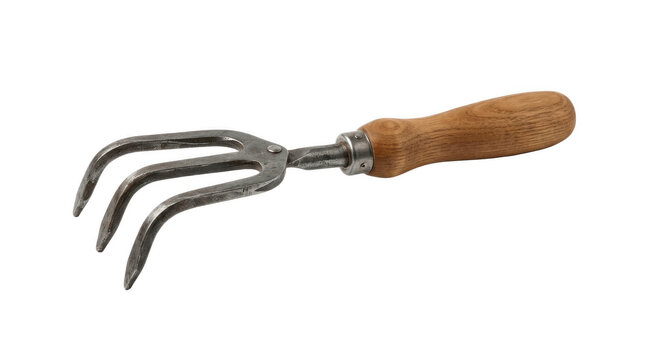 Handheld three tine garden cultivator with metal prongs and smooth wooden handle, ideal for loosening soil, weeding and aerating small beds and containers

