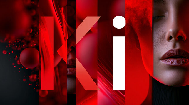 Abstraktes rotes Triptychon mit Schriftzug Ki und weiblichem Profil in Nahaufnahme
