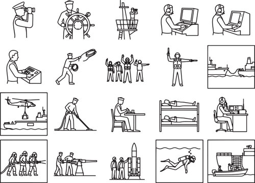 A collection of line art illustrations depicts various nautical and maritime activities, including navigation, communication, teamwork, and operational tasks.