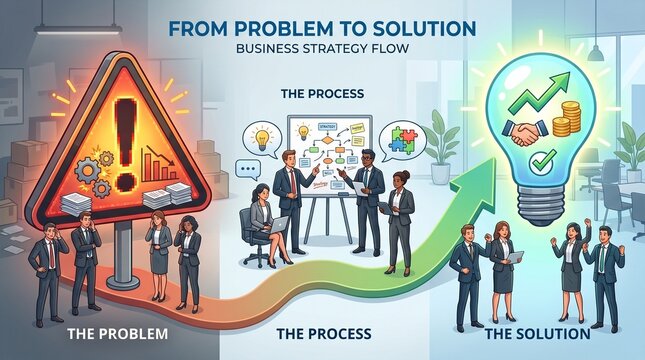 A dynamic business strategy illustration showing progression from problem identification to collaborative process and innovative solution, symbolizing teamwork, growth, and successful organizational p