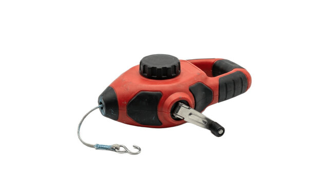 Red chalk line reel with crank handle and metal hook isolated on white, compact construction layout tool for carpentry, masonry, roofing works!!!

