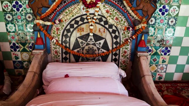 Holy Spiritual Seat Decorated With Flowers And Sacred Symbols In Shrine