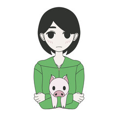 子豚を優しく抱きかかえるポーカーフェイスの若い女性のイラスト。シュールでモダンな日常。 © ガマタキ
