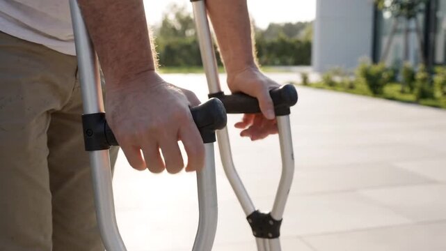 A close up of a man's hands on crutches, walking outdoors during golden hour, recovery and rehabilitation