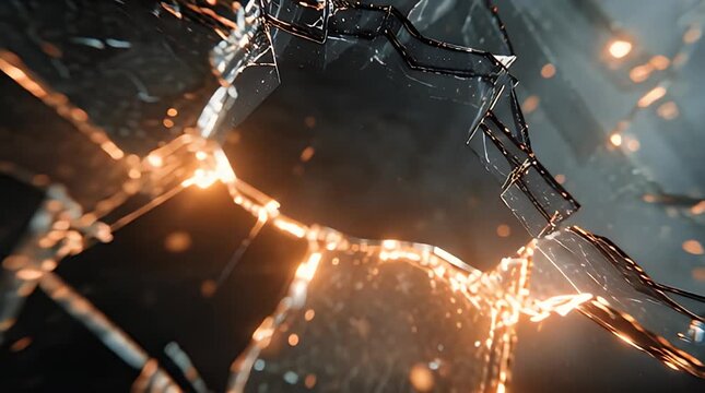 Cracked Glass with Glowing Sparks and Fractures