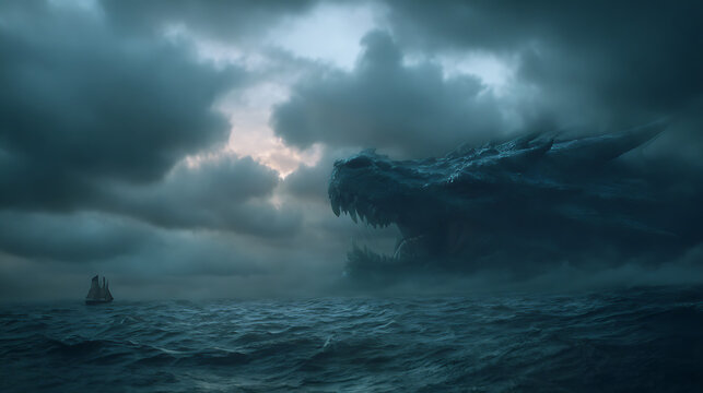 Mythical creature emerges from stormy sea near sailing vessel