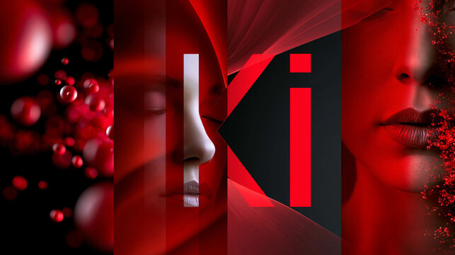 Rotes KI-Logo und weibliches Profil in roter Collage auf dunklem Hintergrund