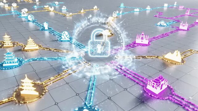 A futuristic digital illustration of interconnected lines and 3D shapes on a grid