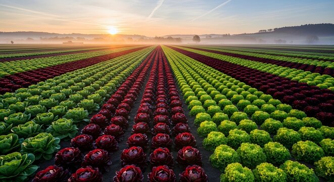 Sunrise over vibrant rows of green and red lettuce fields.
