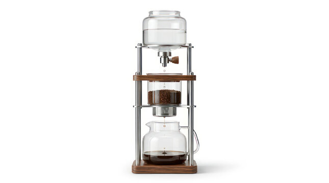 Modern Cold Brew Coffee Maker with Glass Containers and Metal Frame.