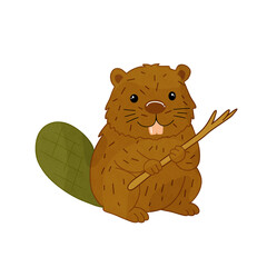 Cute beaver holding branch isolated on transparent background woodland animal illustration © Oksana Faliush