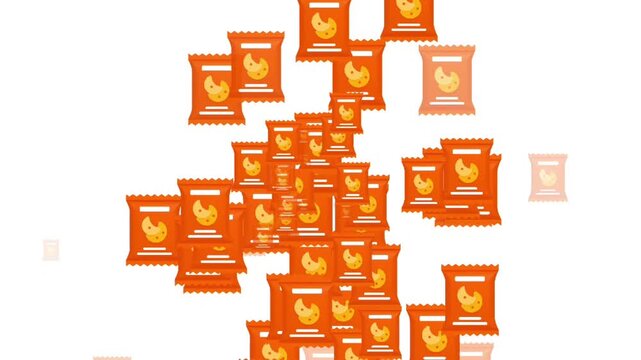  Flat Design Animated Junk Food Packet, Orange Cookie Snack Bag Icon animation on white background